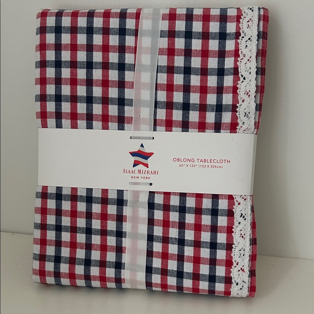 Isaac Mizrahi 4th of July Red White and Blue Gingham Oblong Tablecloth Lace Trim